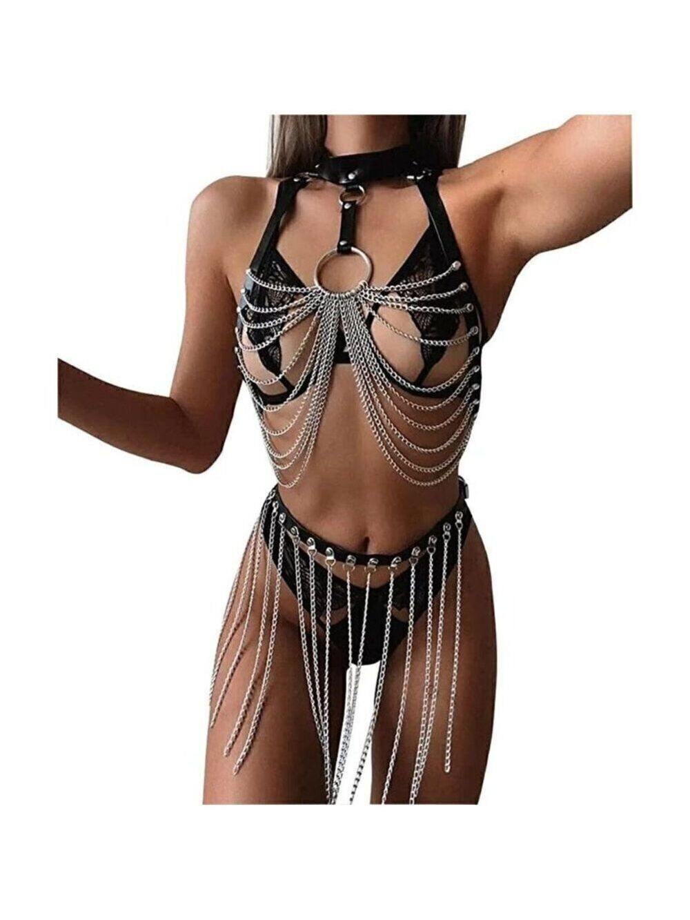 Black full body leather strap adjustable sexy chain bondage cosplay costume NWT